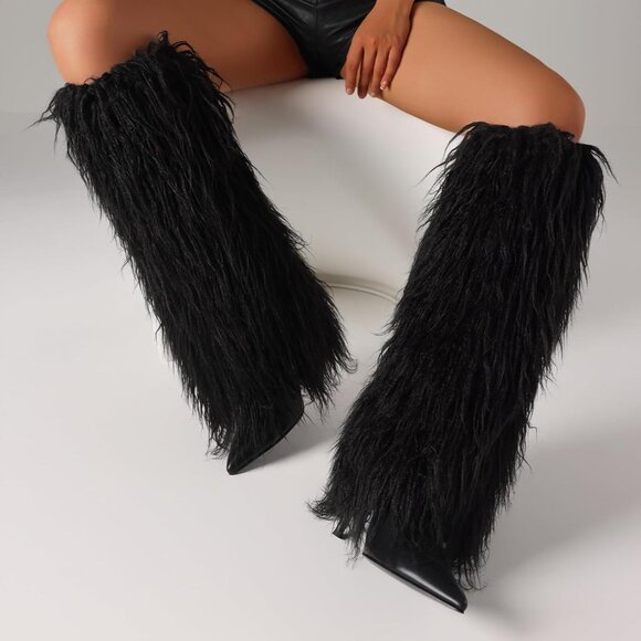 Women's Black Kalstage Fur Knee High Heeled Wide Calf Party Fashion Boots - Picture 5 of 6